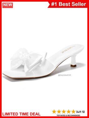 Women's 2-Inch Kitten Heel Bow Square Open Toe Sandals Faux Leather